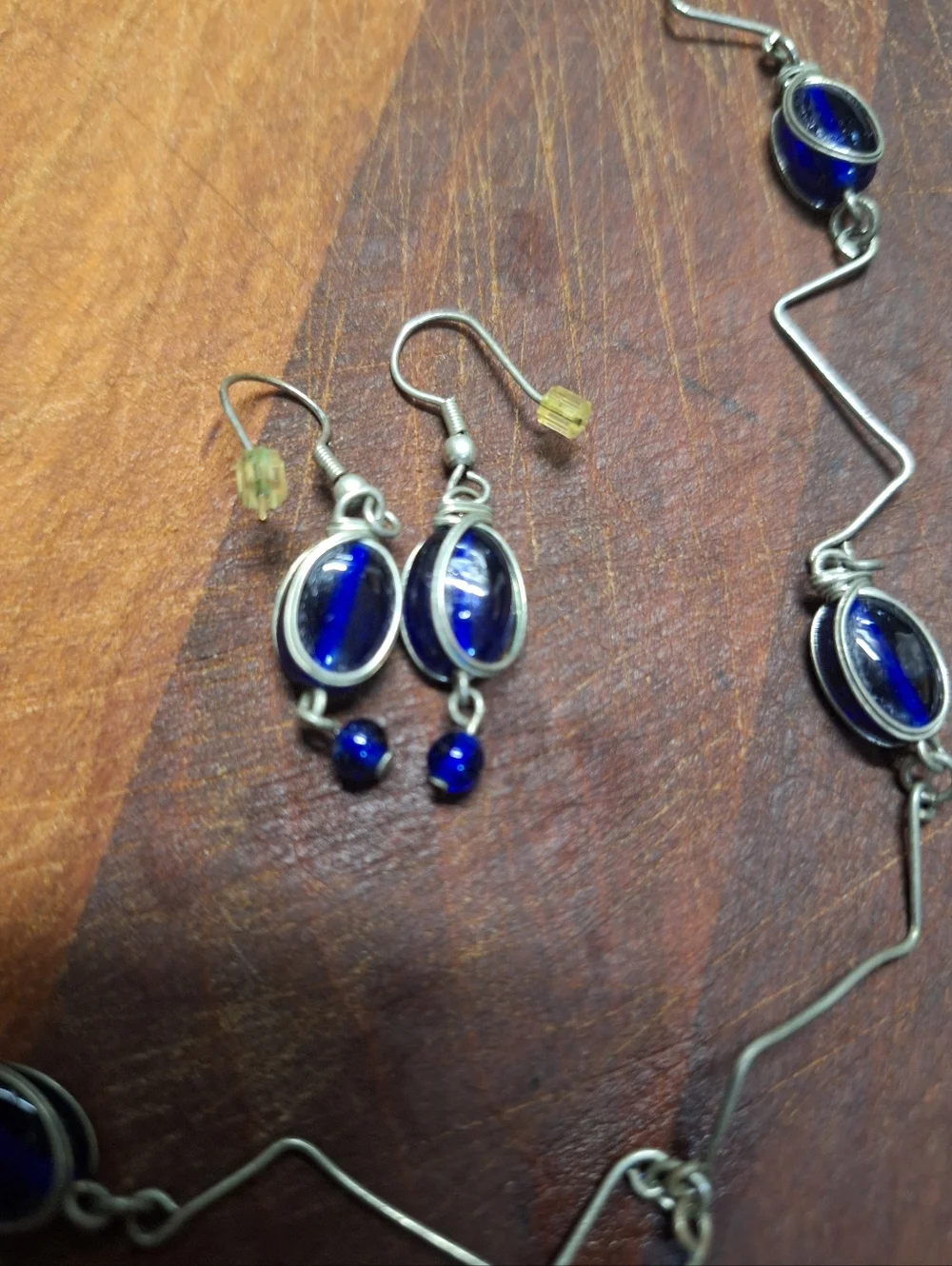 Silver Tone Blue Oval Glass Lapis Link Station Necklace w/ Matching Earrings